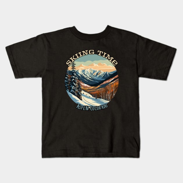 Skiing Time, Aspen, Colorado, USA, winter Kids T-Shirt by Pattyld